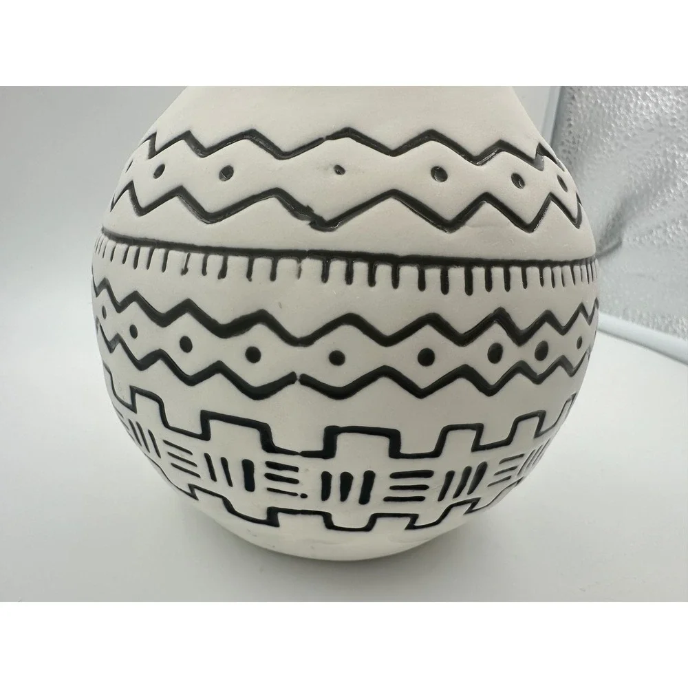 Handmade Ceramic Tribal Geometric Bud Vase Black White Boho Pottery Decorative